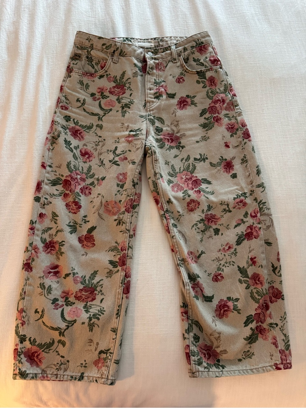 We The Free Beige Floral Wide Leg Jeans with Pink Roses